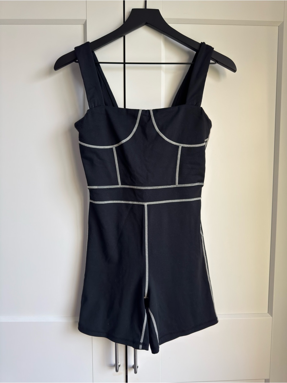 WeWoreWhat Black Bodysuit Romper with Cream Outline Piping